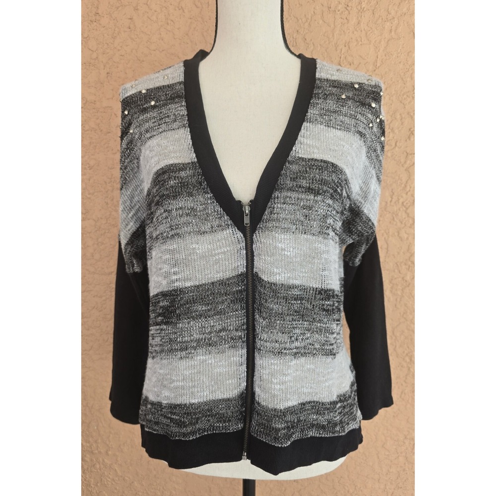 Material Girl Womens Medium Zip Front Sweater Studded Dolman Gray Black Knit USA